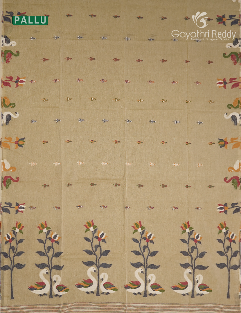 Jamdani Cotton Saree in Khakhi Green