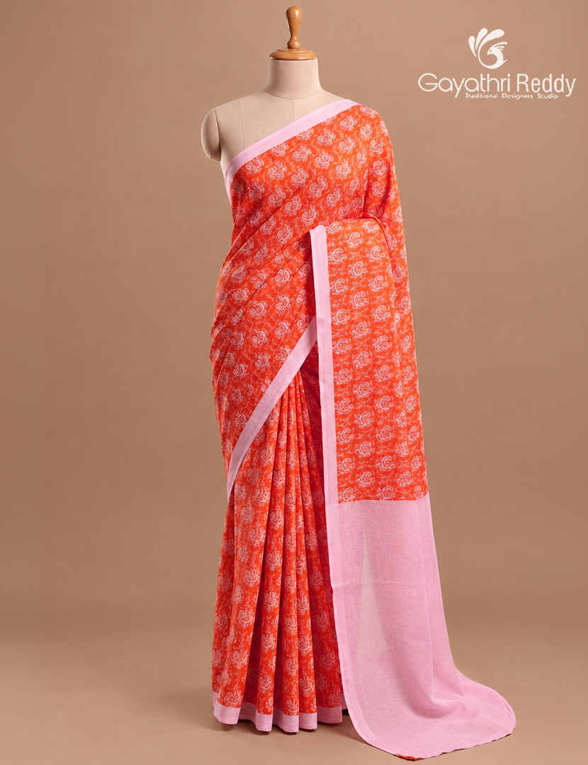 Munga Cotton Saree in Orange and Baby Pink