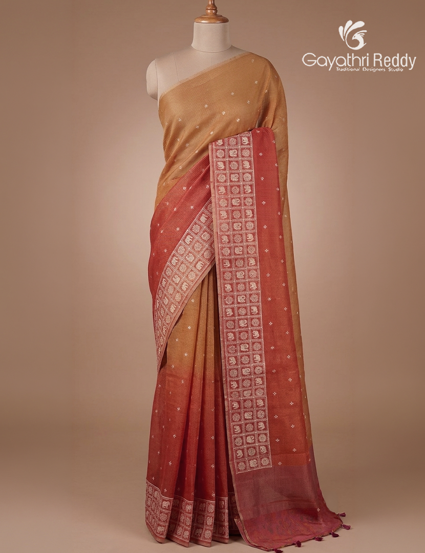 Silk Kota Saree in Beige and Peachish Red