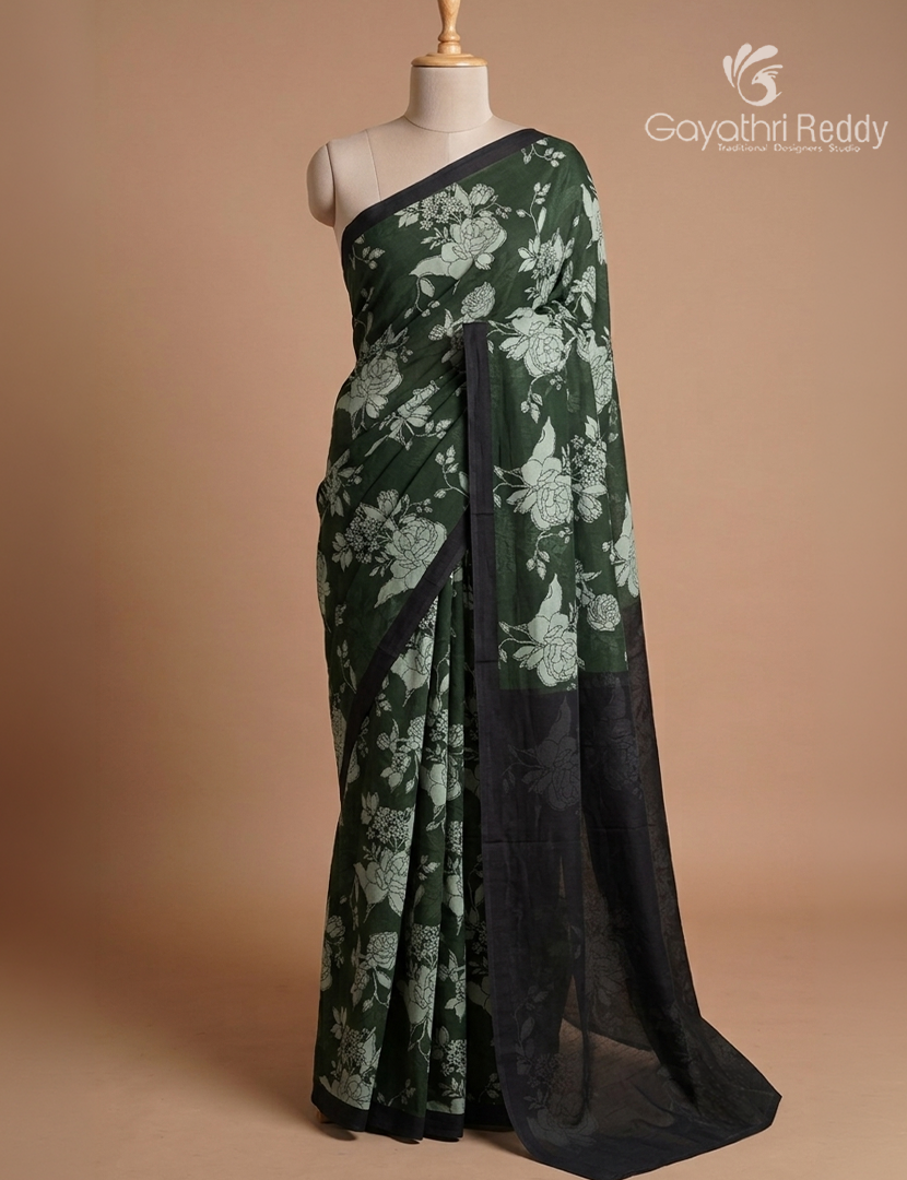 Pure MulMul Cotton Saree in Deep Olive Green and Black