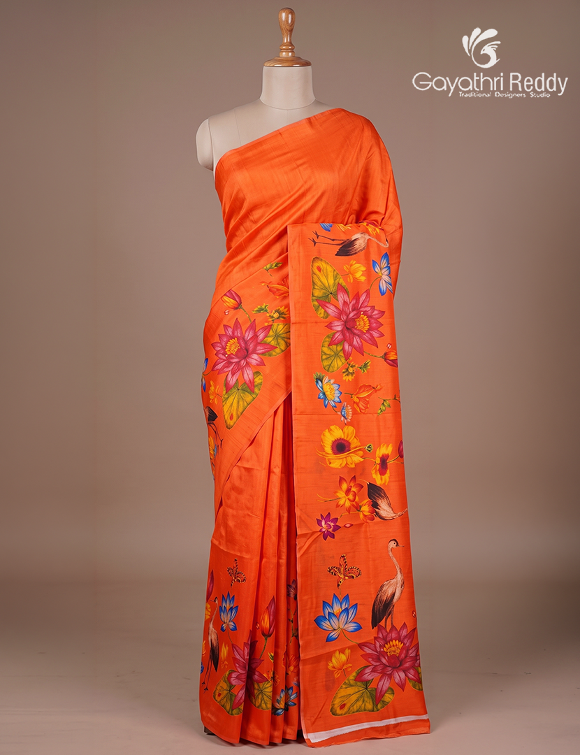 Pure Dupion Digital Print Saree in Orange