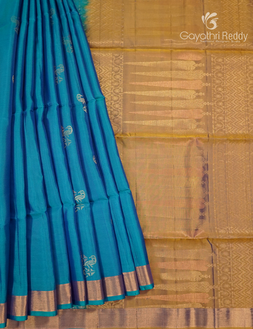 Pure Kanchipuram Soft Silk Saree in Blue and Dry Mehendi