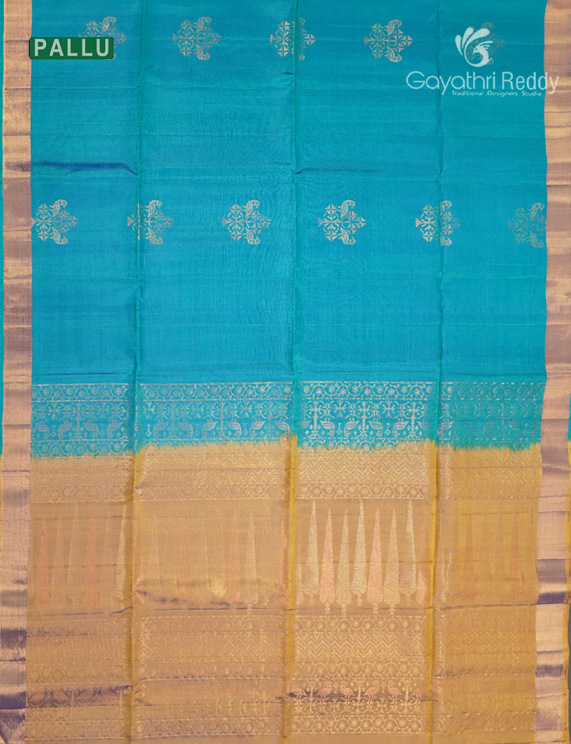 Pure Kanchipuram Soft Silk Saree in Blue and Dry Mehendi