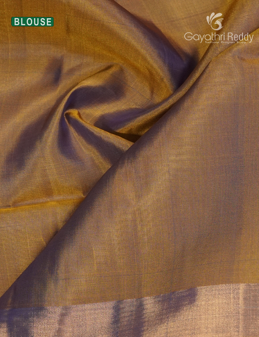 Pure Kanchipuram Soft Silk Saree in Blue and Dry Mehendi