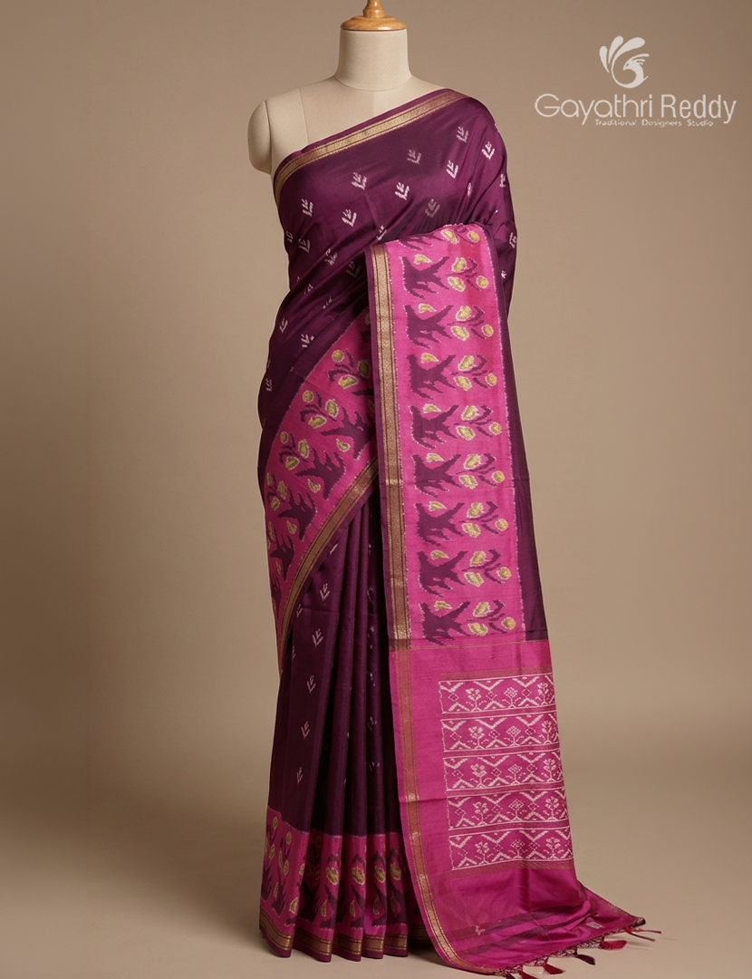 Pure Ikat Silk Saree in Burgundy and Pink
