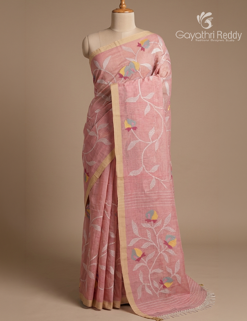 Pure Jamdani Kora Saree in Pastel Peach