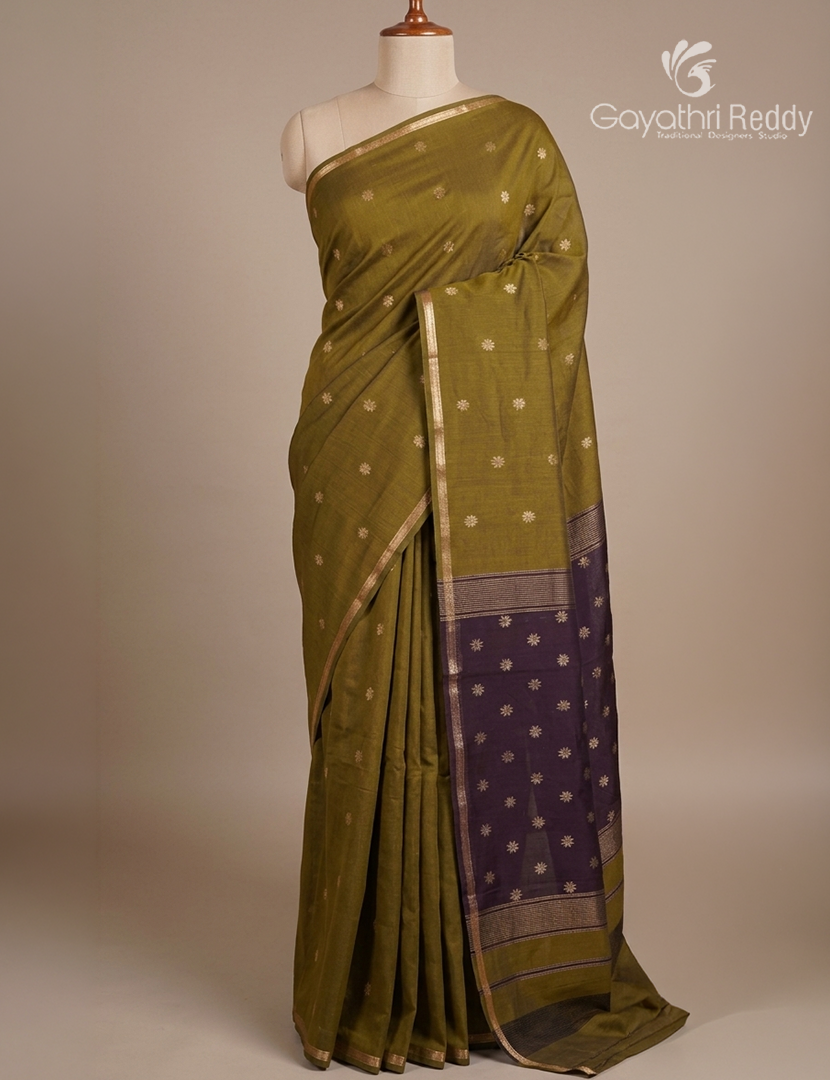 Kanchipuram Sico Saree in Olive Green and Deep Purple