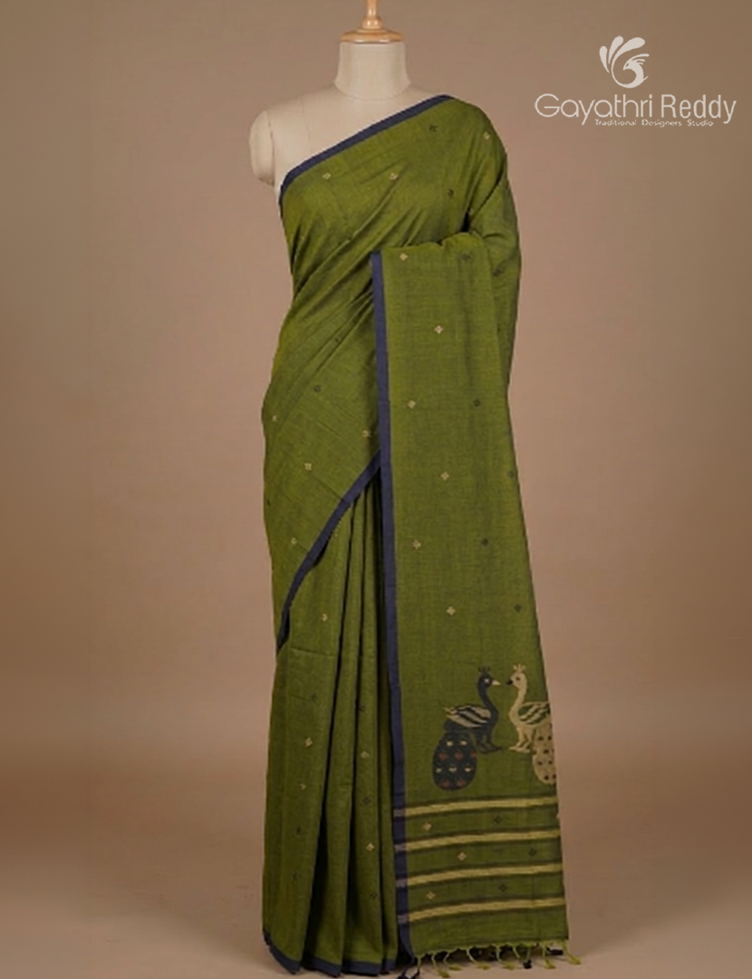 Jamdani Cotton Saree in Deep Olive Green