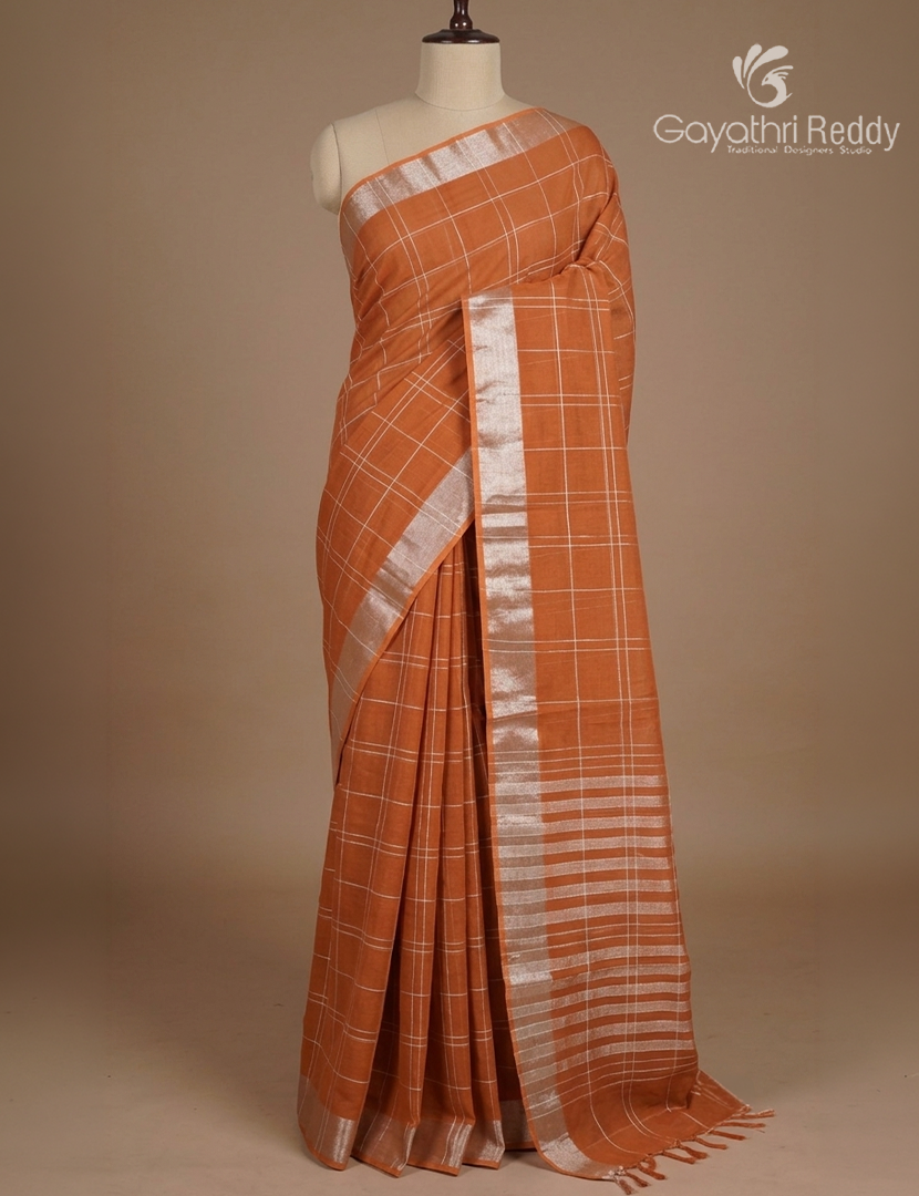 Pure Kanchi Cotton Saree in Rust Orange