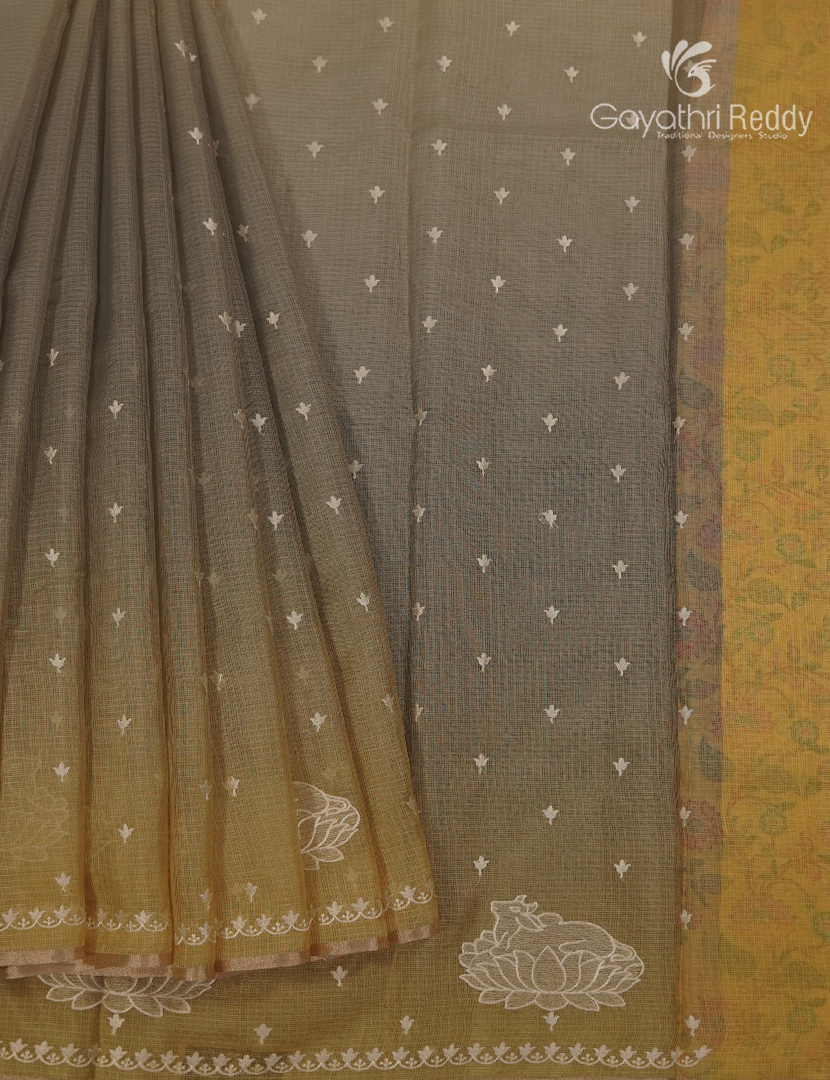Silk Kota Saree in Light Grey and Light Mustard