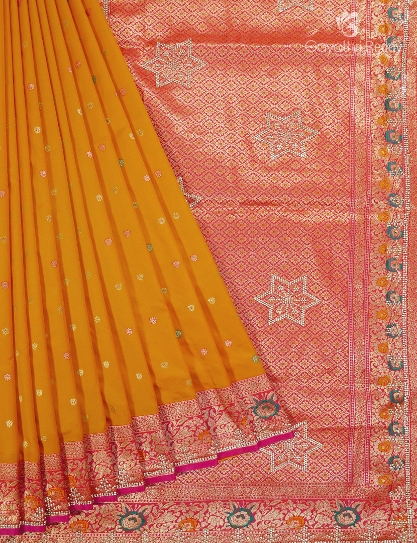 Semi Kanchipuram Silk Fancy Saree in Orange and Rani Pink
