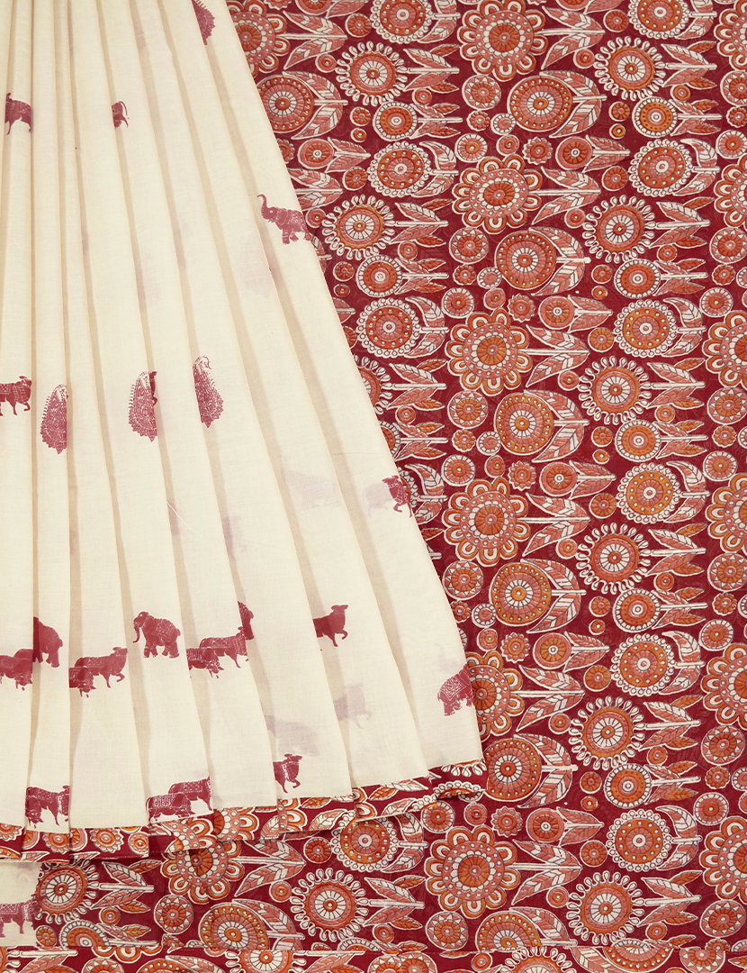 Pure MulMul Cotton Saree in Cream and Maroon Red