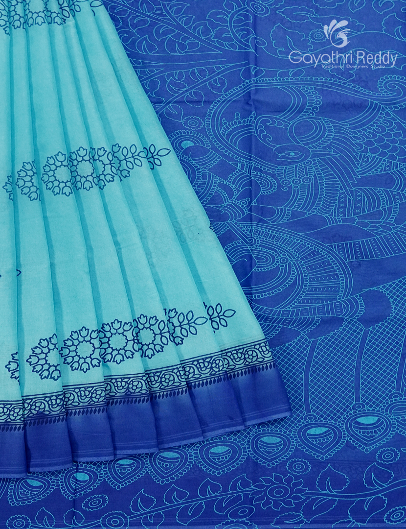Pure MulMul Cotton Saree in AquaBlue and Royal Blue