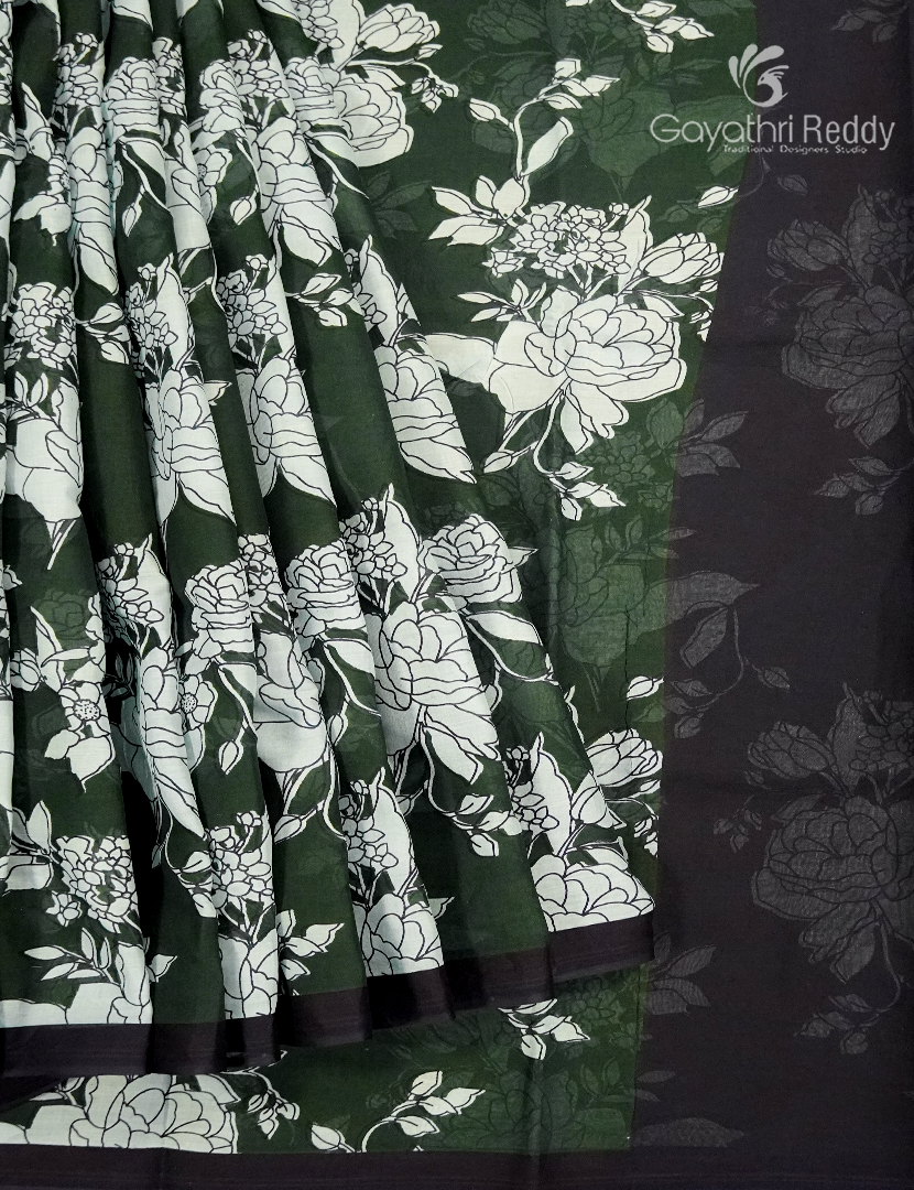 Pure MulMul Cotton Saree in Deep Olive Green and Black