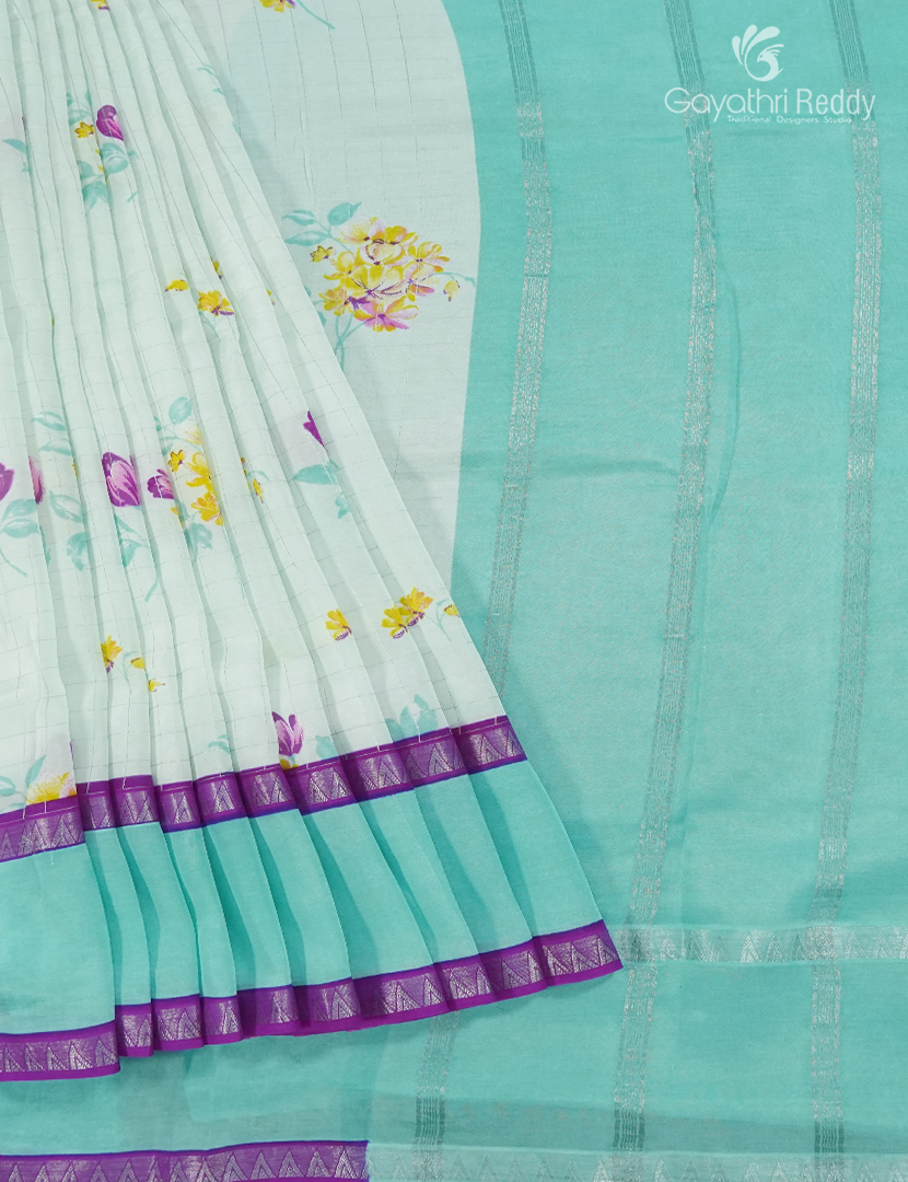 Mangalgiri Printed Saree in Mint Green and Sea Blue