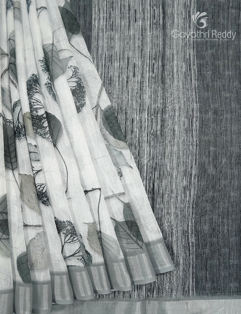 Linen Silk Saree in White and Black