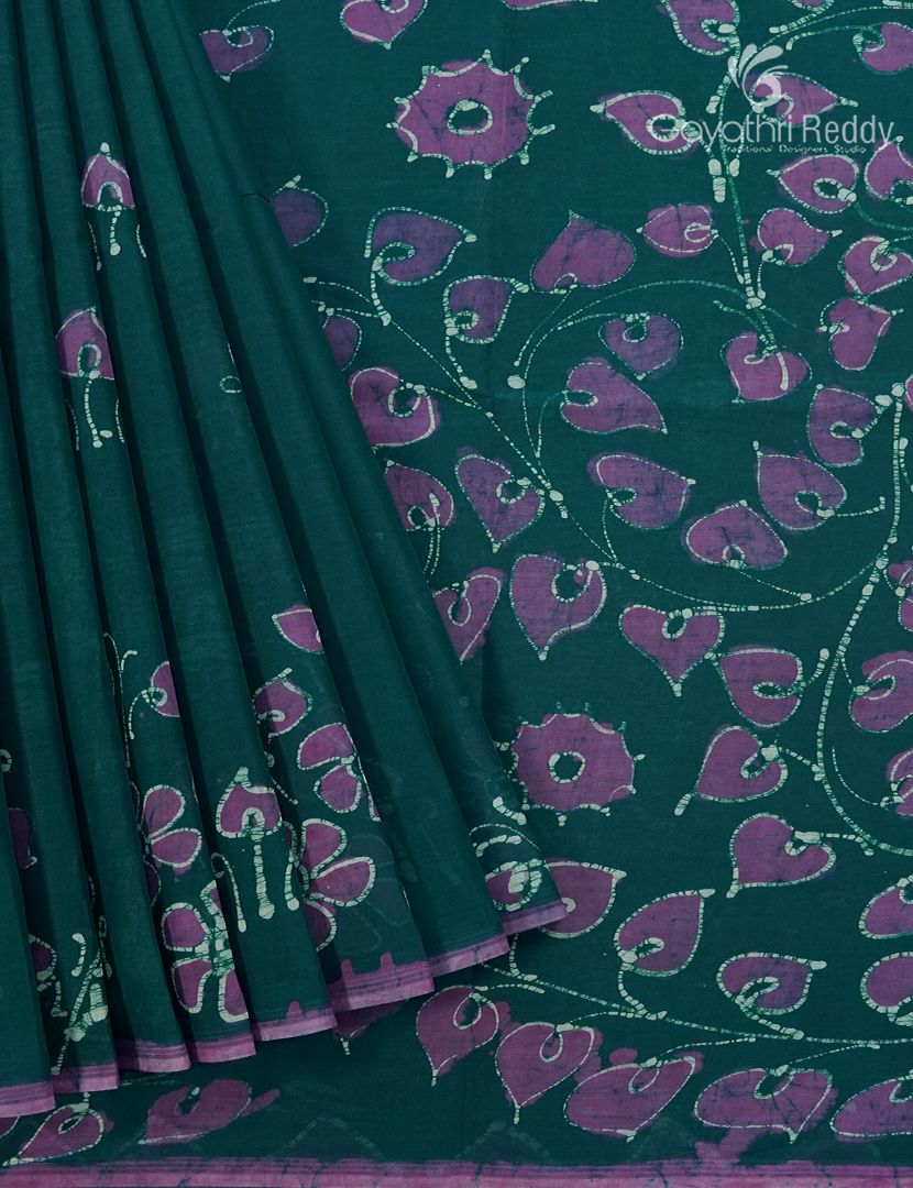 Cotton Batik Print Saree in Deep Rama Green