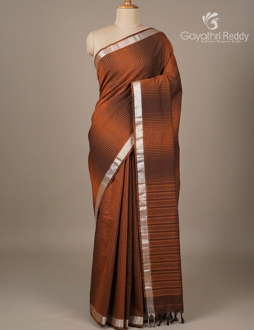 Pure Kanchi Cotton Saree in Light Brown and Deep Brown