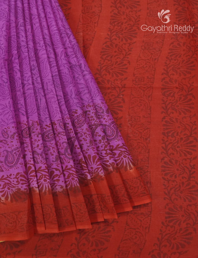 Block Print Cotton Saree in Lavender and Red