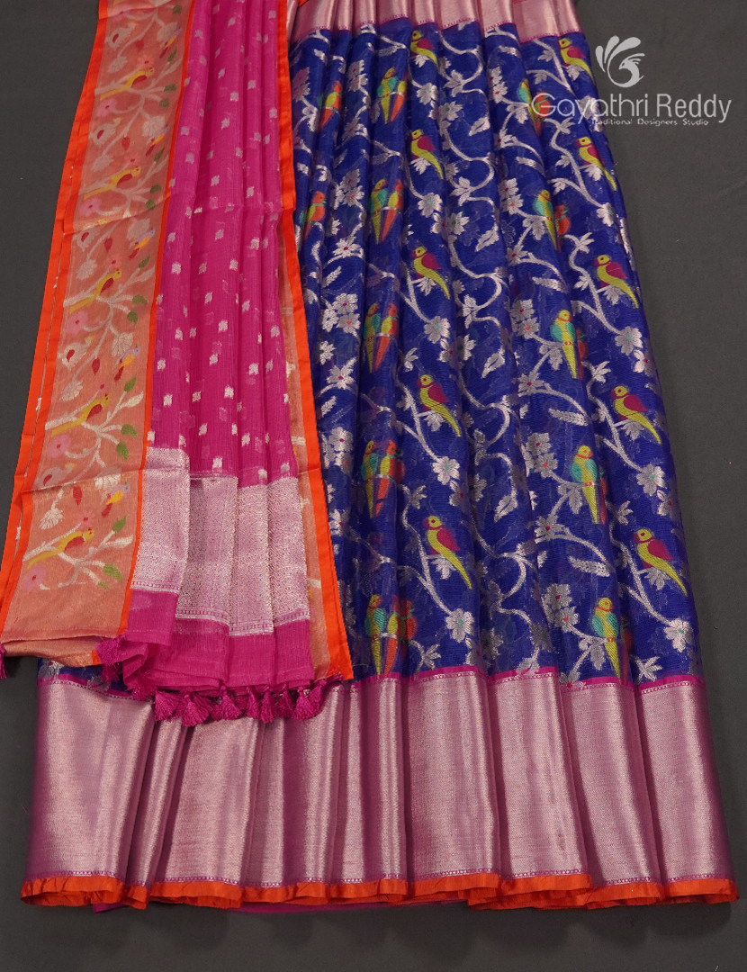 Banaras Kota Lehanga Set in Navy Blue and Rani Pink