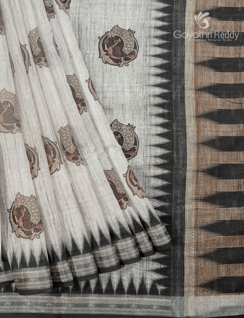 Linen Silk Saree in Cream and black