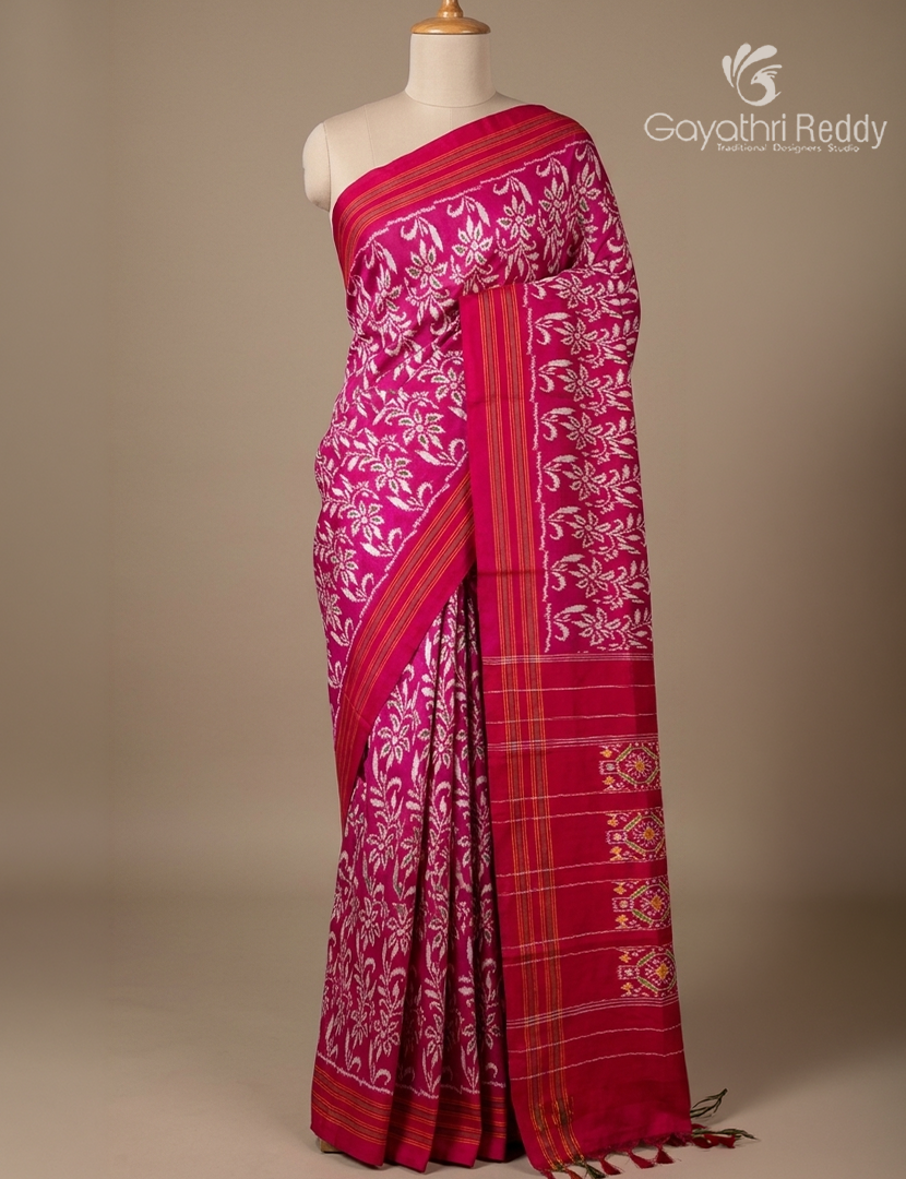 Pure Ikat Silk Saree in Fuchsia Pink