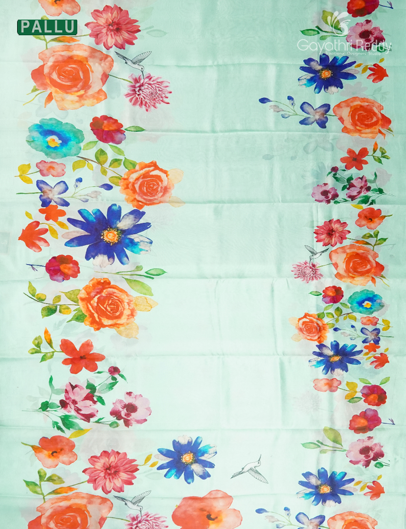Pure Dupion Digital Print Saree in Pastel Mint Green
