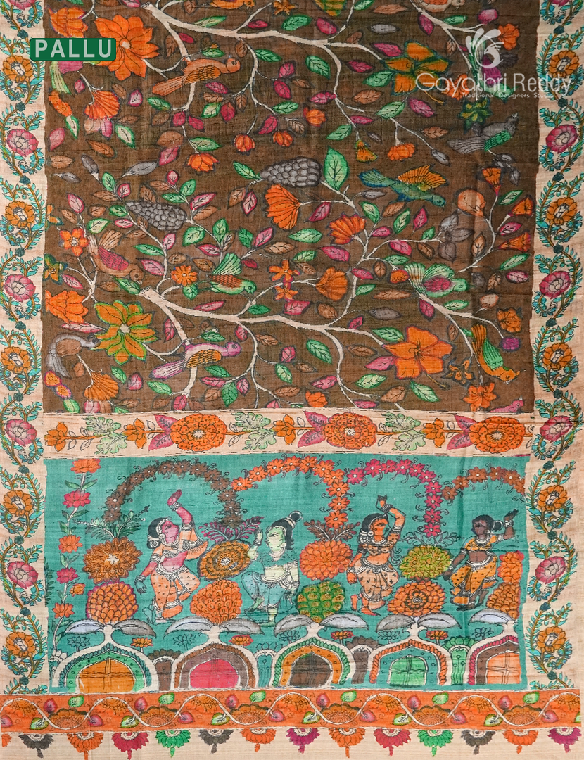 Semi Tussar Silk Saree in Deep Dry Mehendi and Sea Foam Green