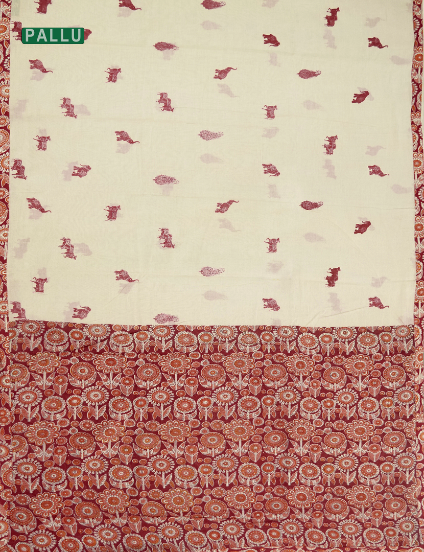 Pure MulMul Cotton Saree in Cream and Maroon Red