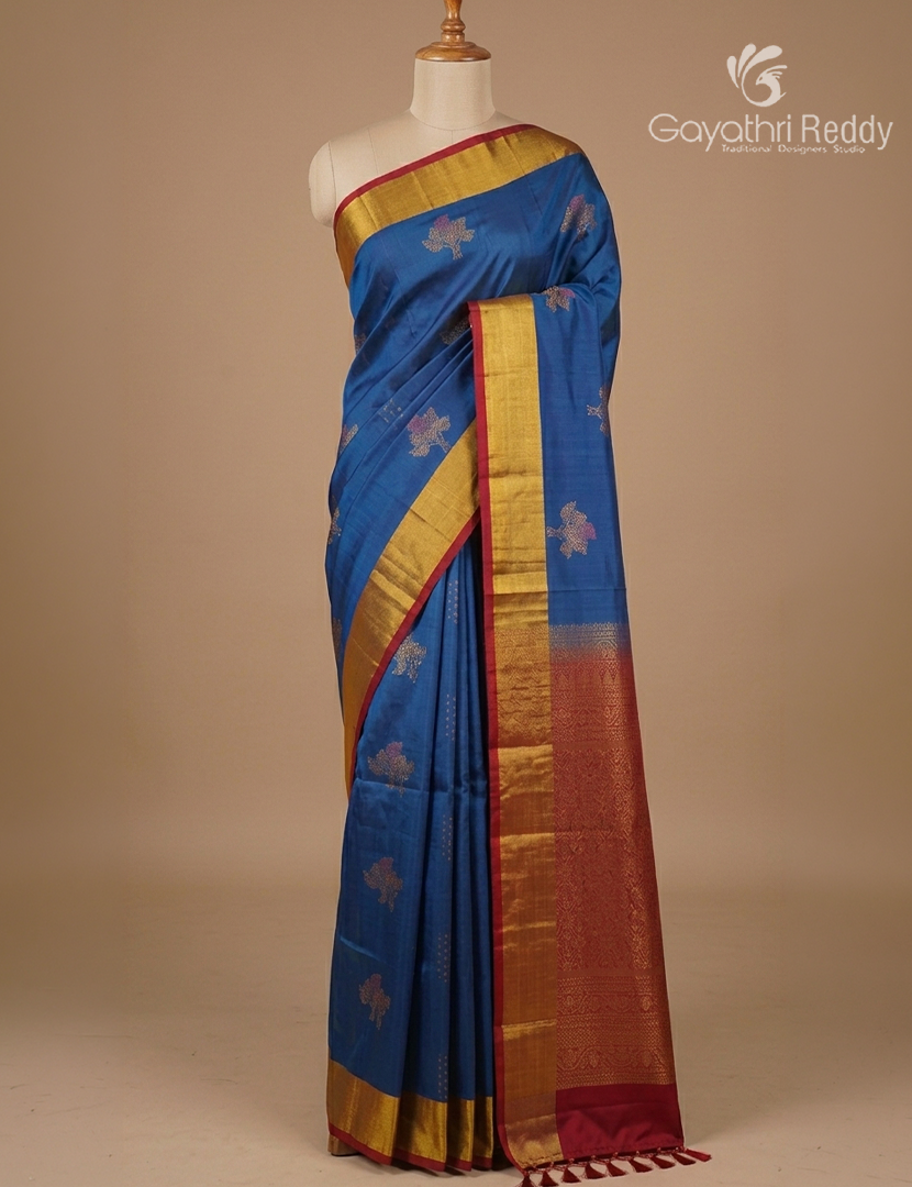 Pure Kanchipuram Soft Silk Saree in Deep Peacock Blue and Deep Red