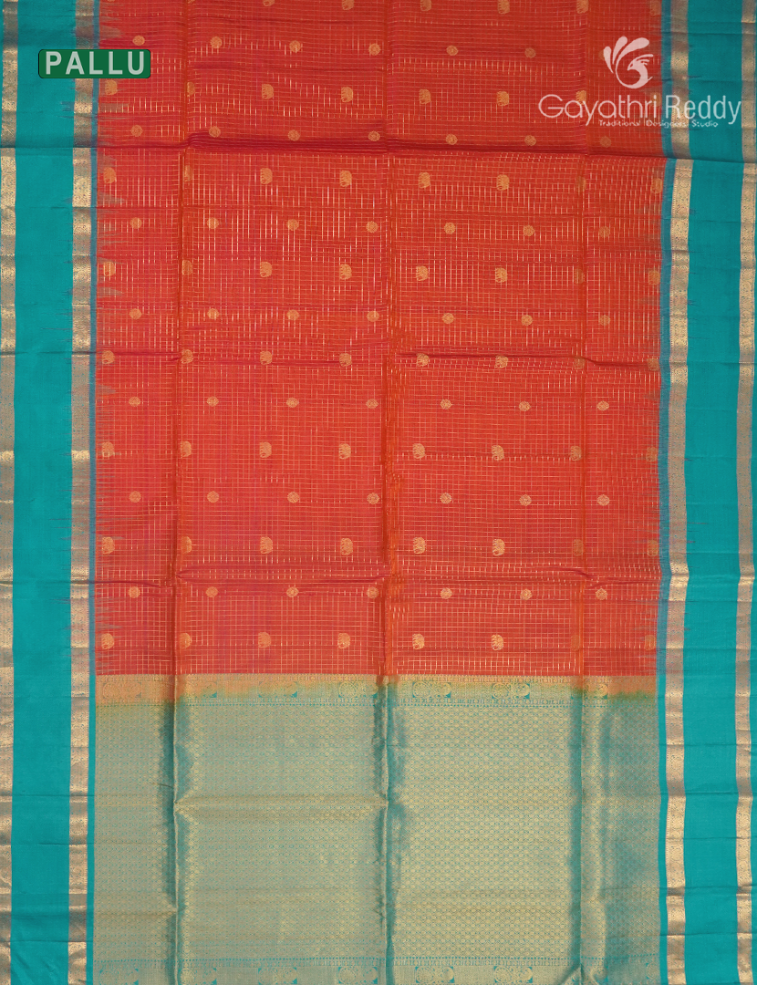 Pure Kanchipuram Vintage Silk Saree in Orange and Sea Blue