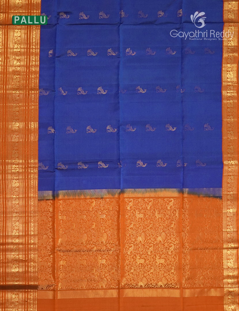 Pure Kanchipuram Soft Silk Saree in Blue and Rust Orange