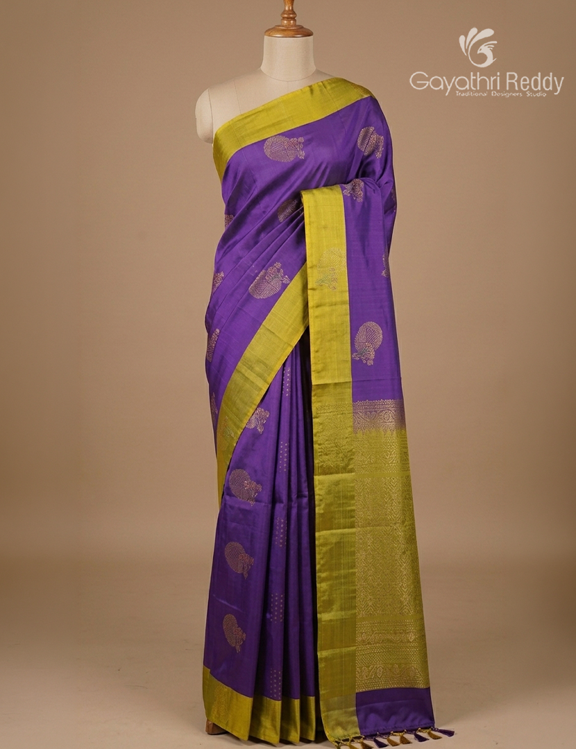 Pure Kanchipuram Soft Silk Saree in Violet and Lime Yellow