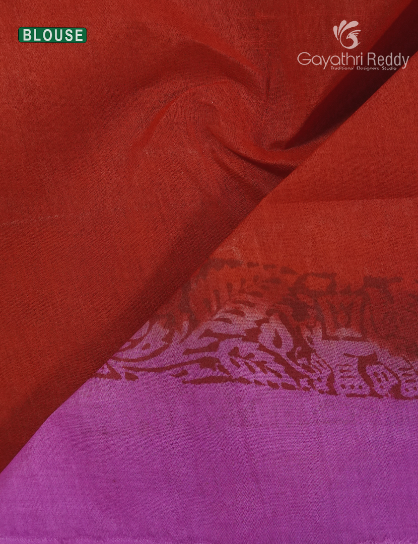 Block Print Cotton Saree in Lavender and Red