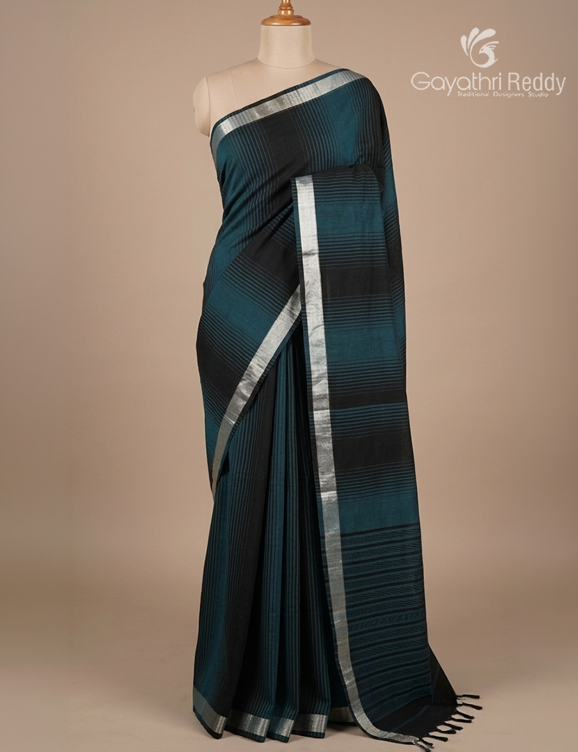 Pure Kanchi Cotton Saree in Deep Rama Green and Black