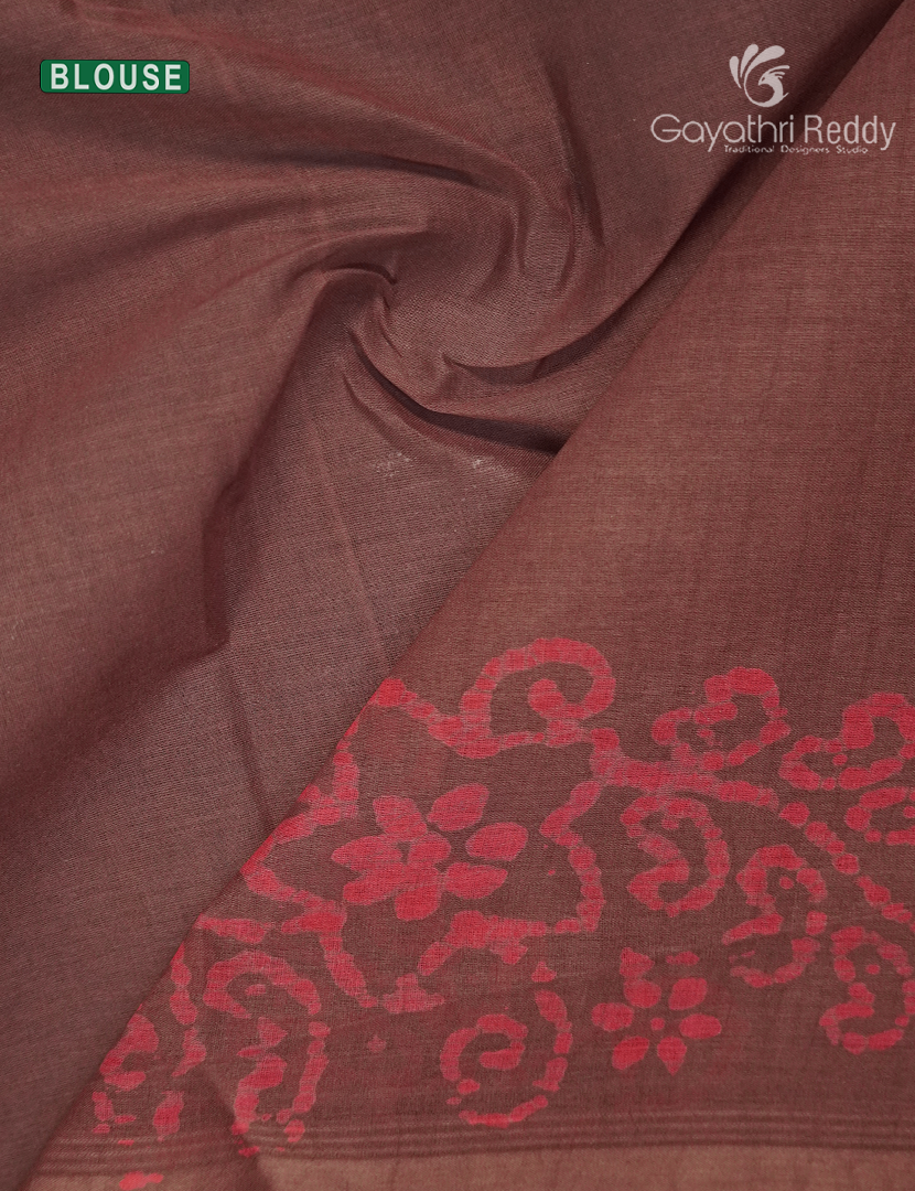 Cotton Batik Print Saree in Peach and Earthy Brown