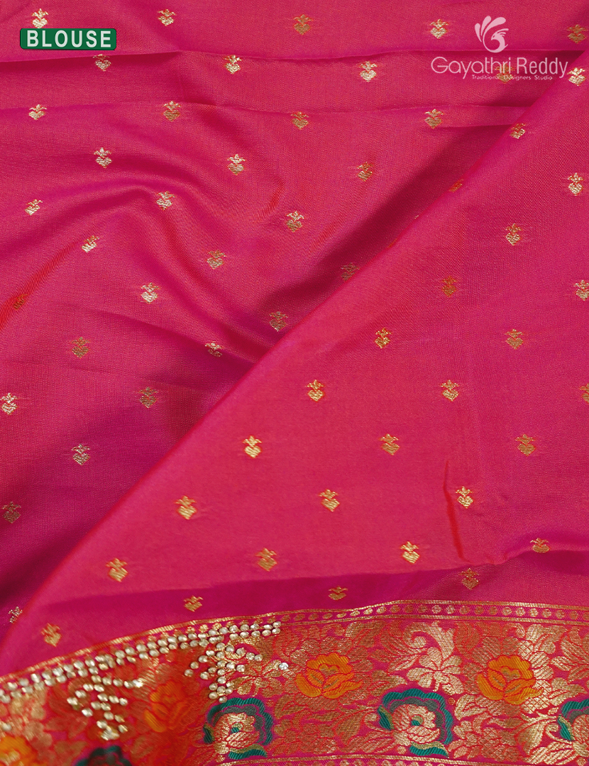 Semi Kanchipuram Silk Fancy Saree in Orange and Rani Pink