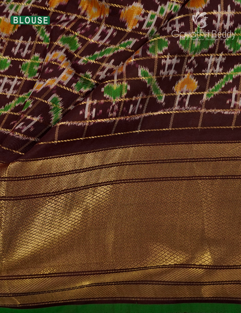 Pure Ikat Silk Saree in Peachish Orange and Brown