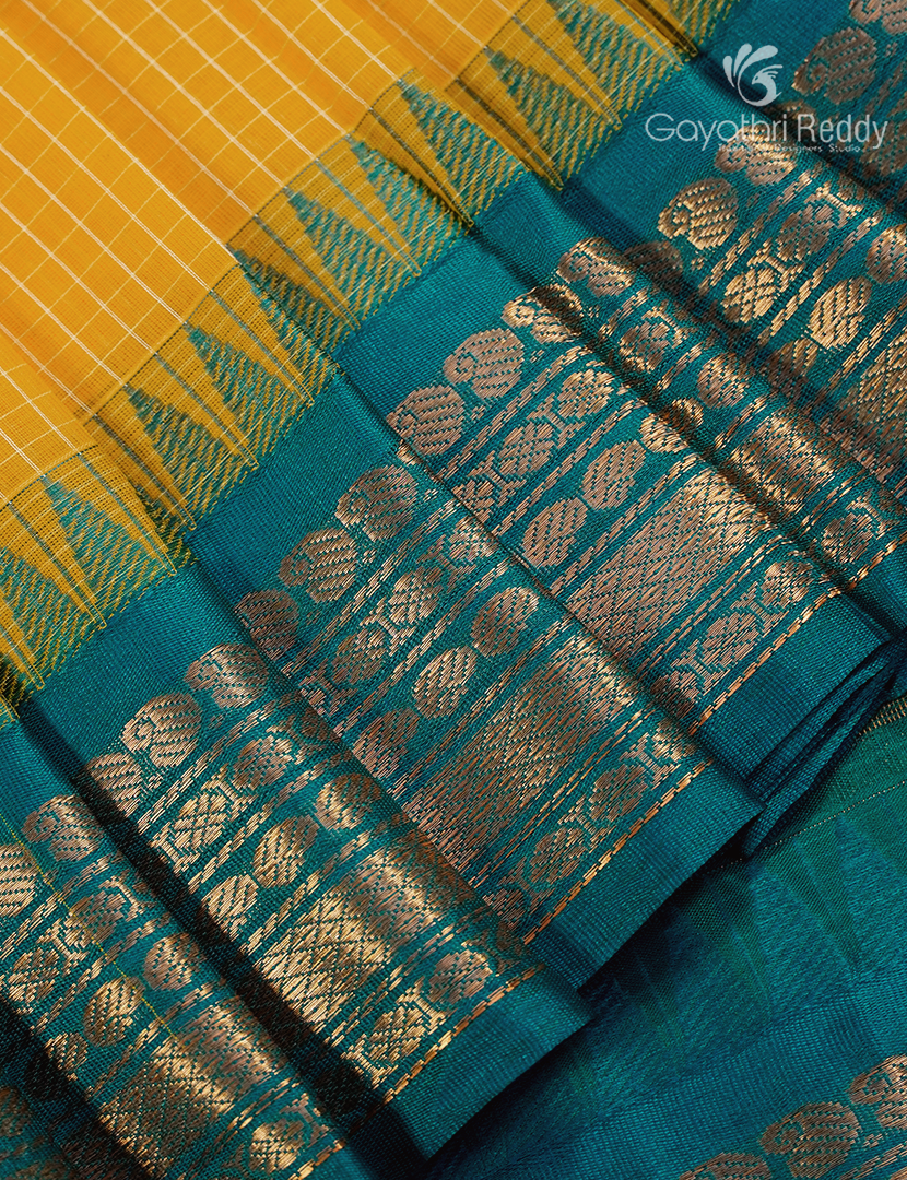 Pure Gadwal Cotton Saree in Sunflower Yellow and Deep Rama Green