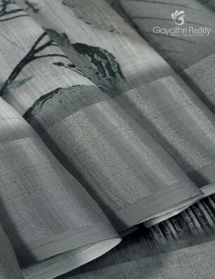 Linen Silk Saree in White and Black