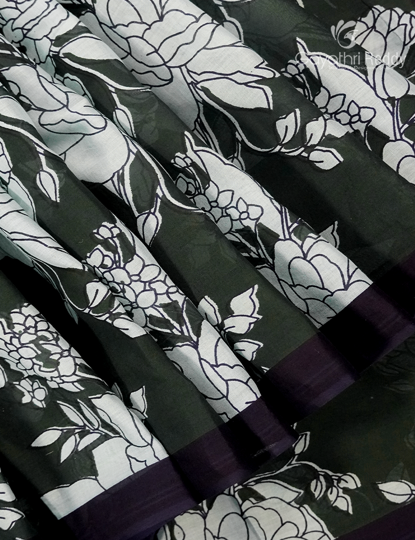 Pure MulMul Cotton Saree in Deep Olive Green and Black