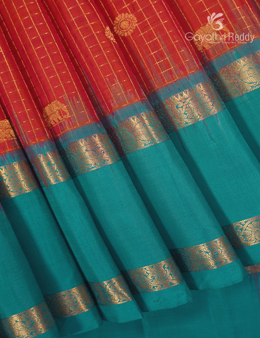 Pure Kanchipuram Vintage Silk Saree in Orange and Sea Blue
