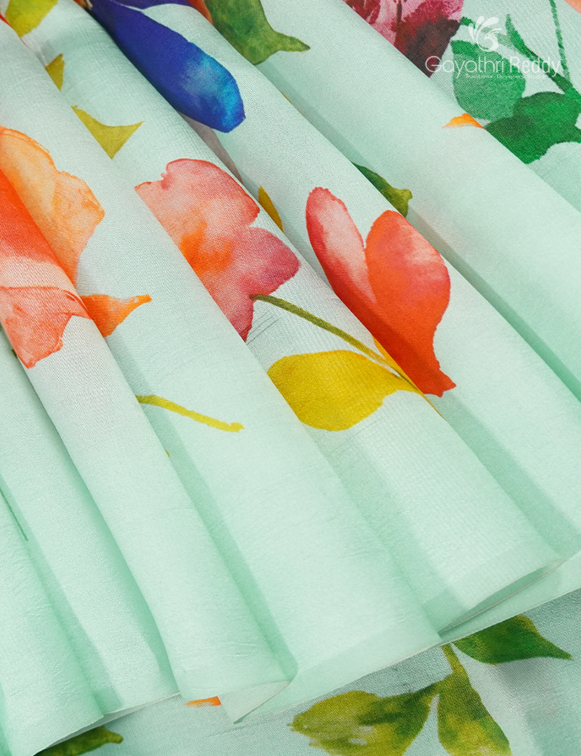 Pure Dupion Digital Print Saree in Pastel Mint Green