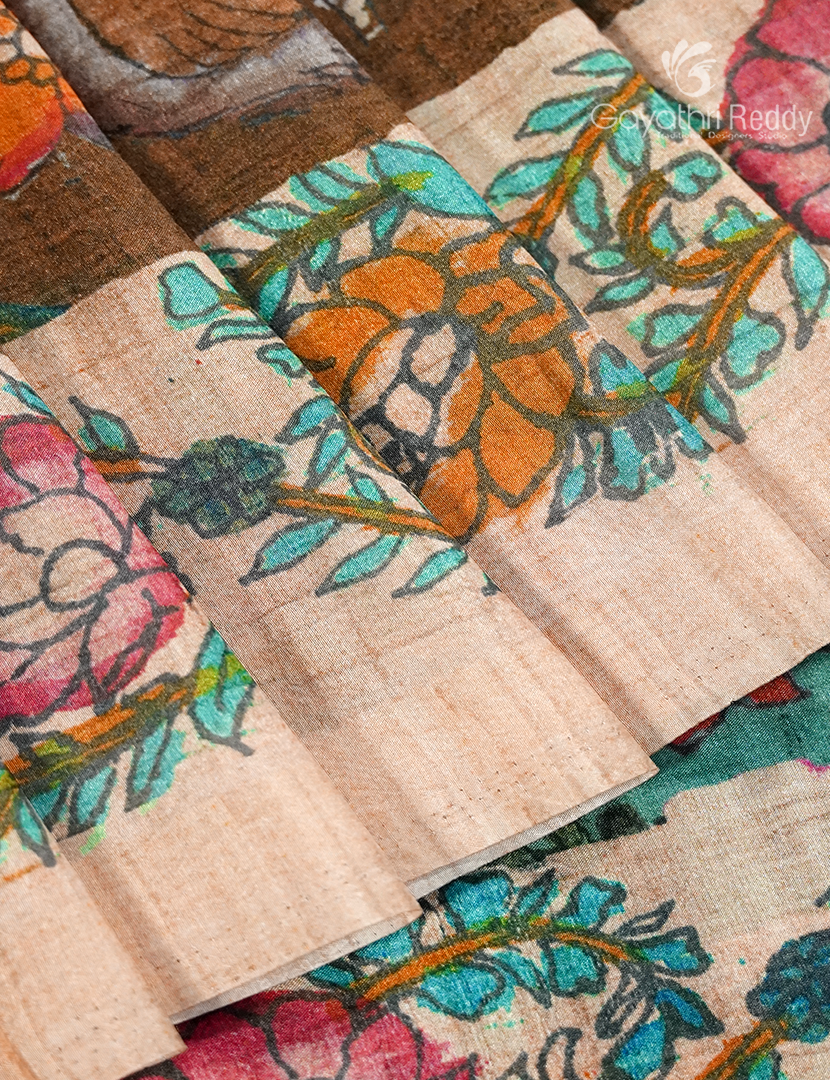 Semi Tussar Silk Saree in Deep Dry Mehendi and Sea Foam Green