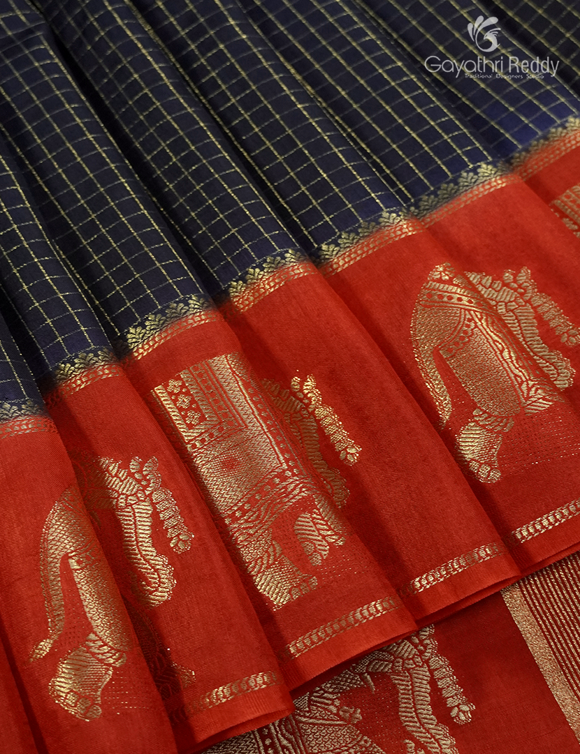 Semi Mysore Crepe Saree in Deep Navy Blue and Orange
