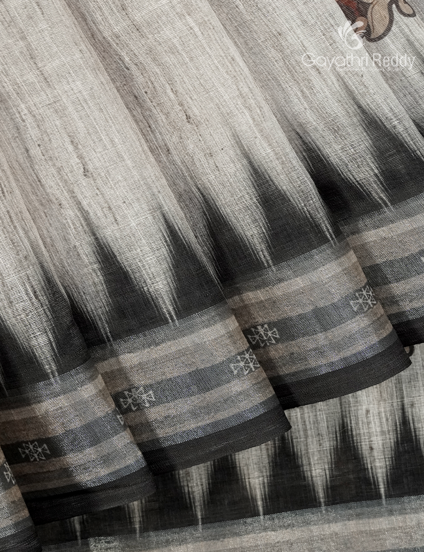 Linen Silk Saree in Cream and black