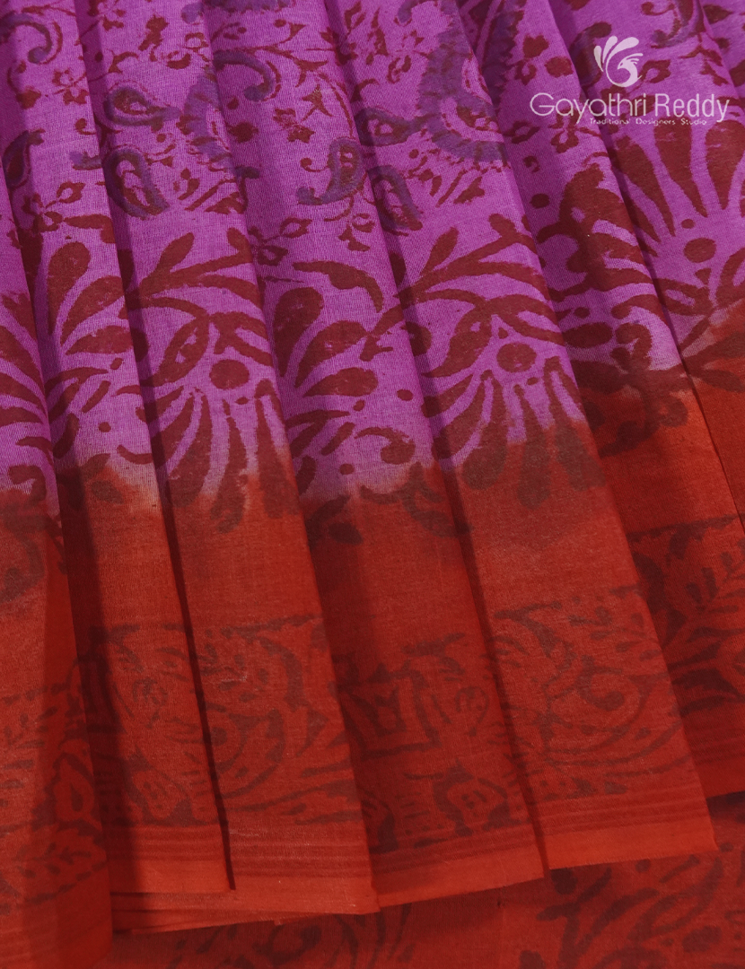 Block Print Cotton Saree in Lavender and Red
