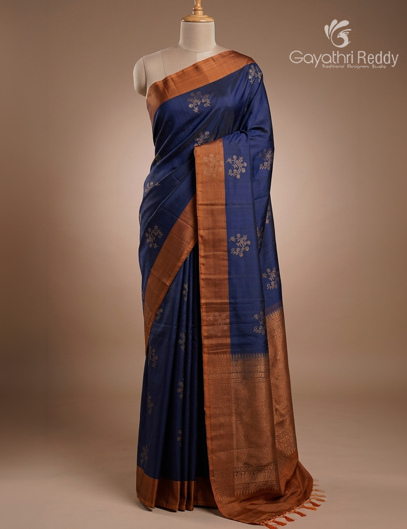 Pure Kanchipuram Soft Silk Saree in Deep Navy Blue and Orange