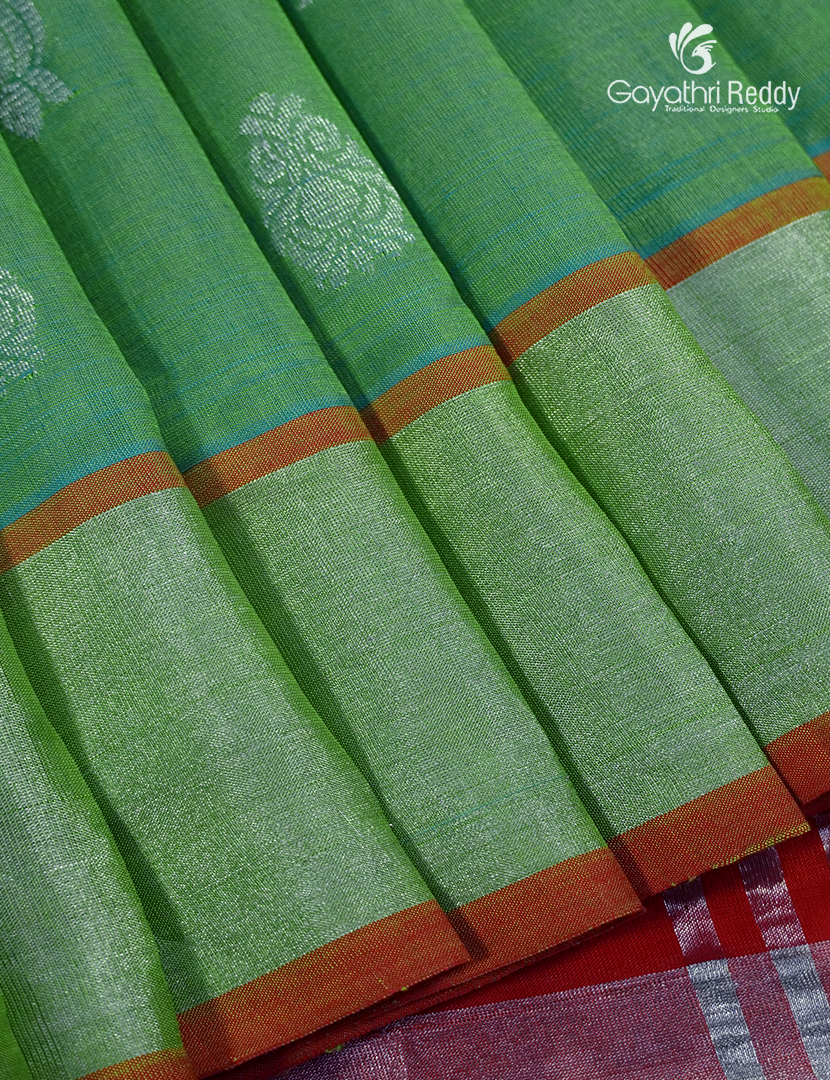 Pure Arani Sico Saree in Pista Green and Red
