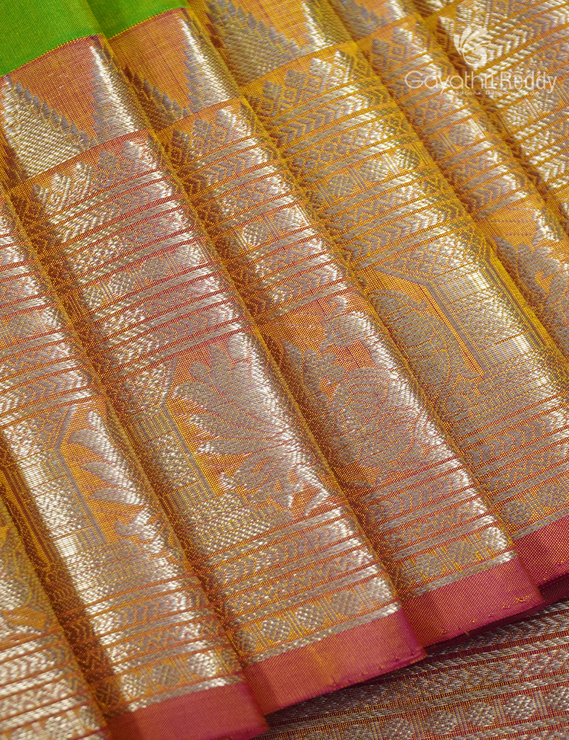 Pure Venkatagiri Silk Saree in Parrot Green and Orange